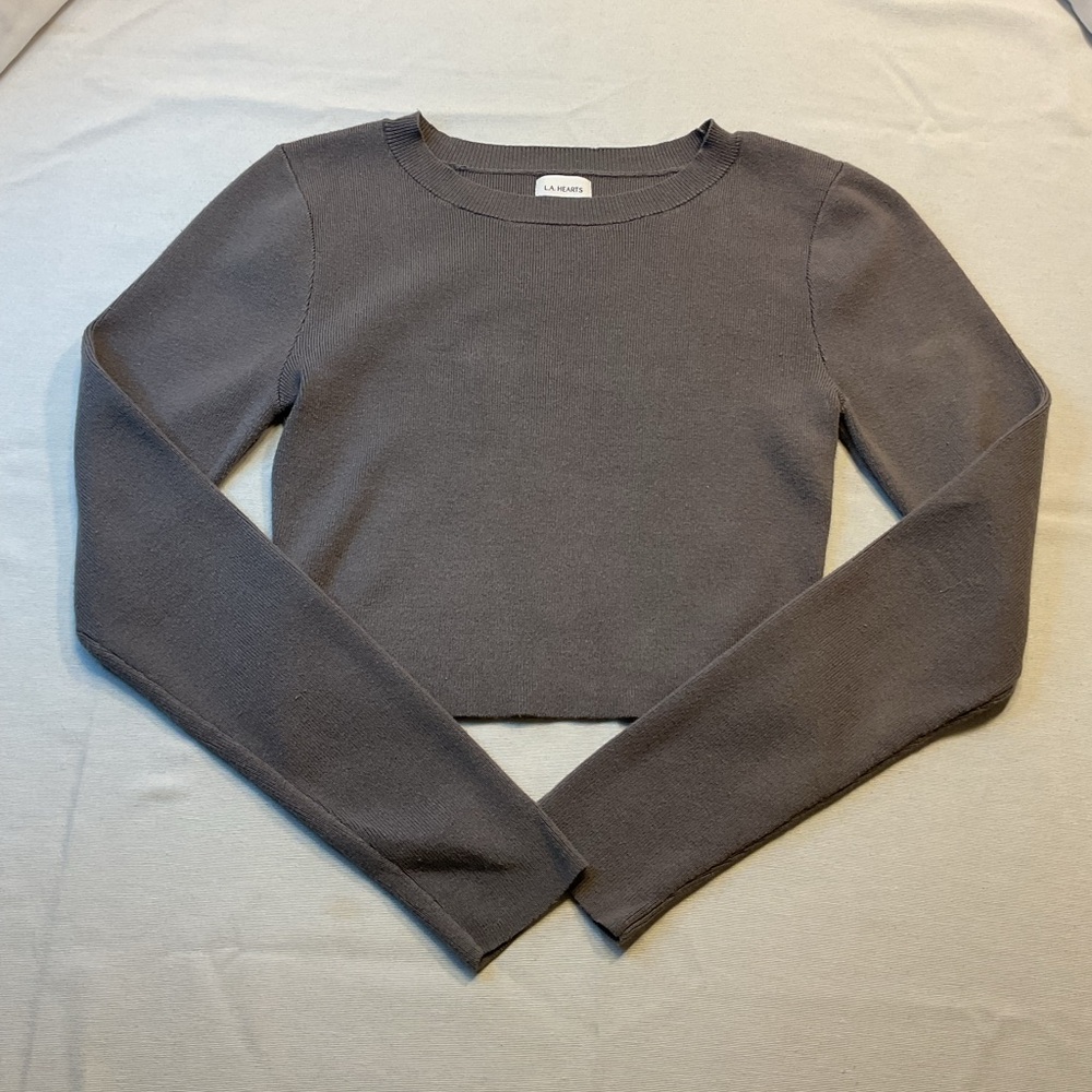 LA Heart Woem's Gray Sweater Long Sleeve Crop Top Crew Neck,‎ Size S Comfort